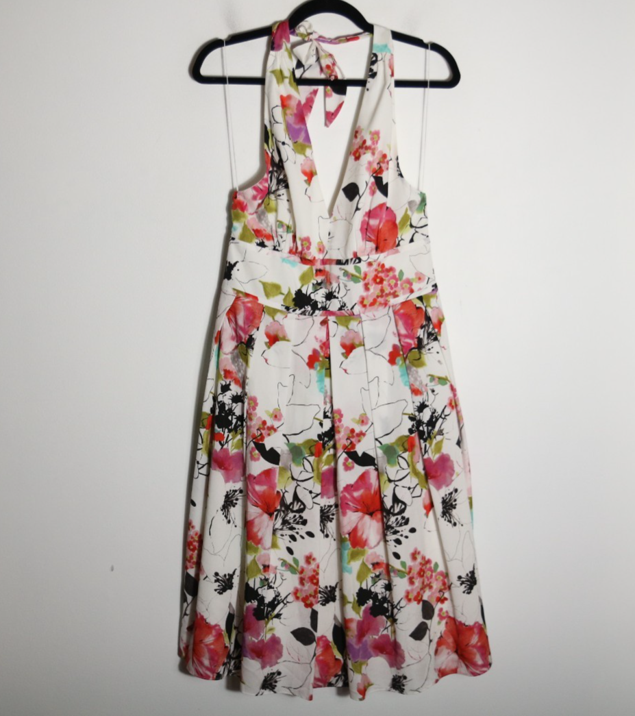 Adrianna Papell Floral Printed Halter Sleeveless Midi Dress 10 White Fit  Flare
