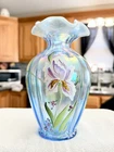 Fenton Carnival Powder Blue Opalescent Hand Painted Ruffled Vase