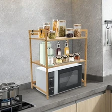 2-Tier Bamboo Kitchen Storage Rack with Adjustable Shelves & Hooks