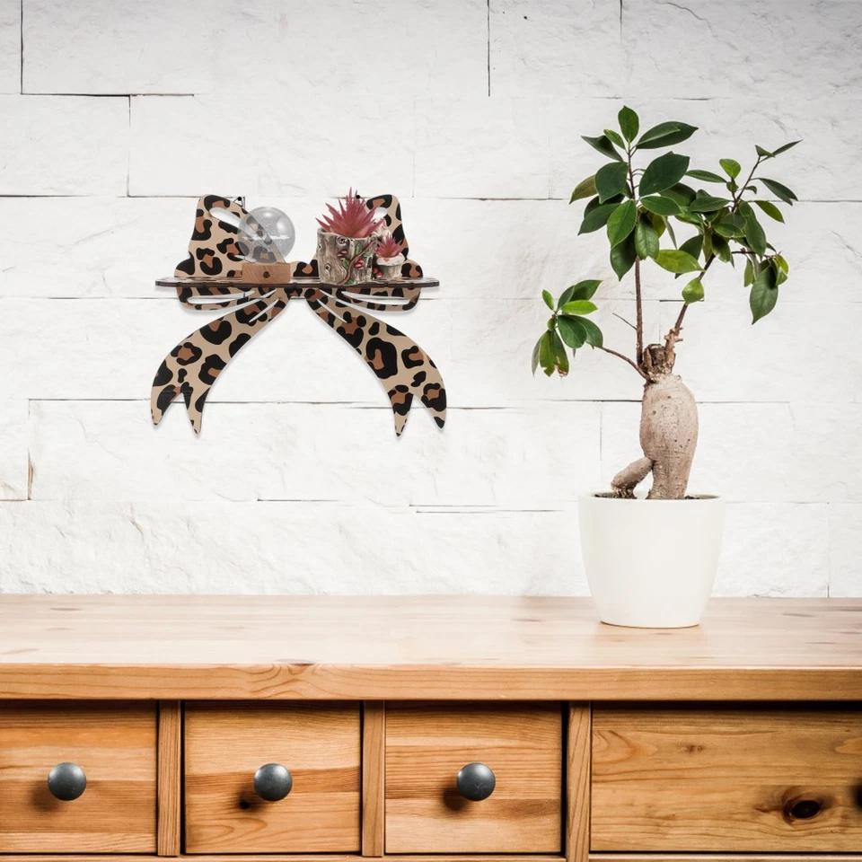  Wall Mounted Shelf With Leopard Print Bow Floating Wall Shelf For Bedroom Wood - Image 4 of 4