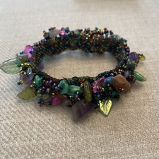 Vintage Czech Glass "OVERLOAD" Beaded Bracelet Multicolor Stone, Leaf Seed Bead