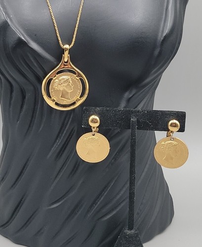Monet Rare Necklace & Clip-On Personification Luck Coin Medal Earrings Estate - Picture 3 of 22