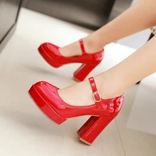 Women heels Round Toe Block Heel Ankle Strap Leather Shoes Fashion fashion comfy