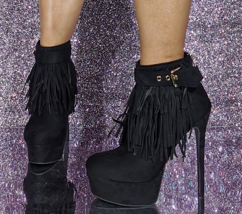 Mujeres Moda Sexy Punta Redonda Flecos Hebilla Correa Botines Bombas Tacones Altos
