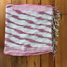 Hipster Boho Cotton Woven Pink White Striped Glitter Fringe Wrap Scarf 70"x18.5"
