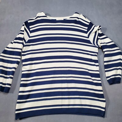Bechamel Sweater Womens Large Blue White Striped Long Sleeve Side Slit Pullover