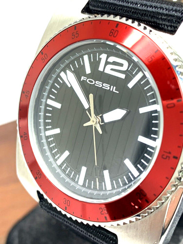 Fossil Men's Watch WB1042 Quartz Black Dial Silver Red Bezel 38mm Nylon Strap
