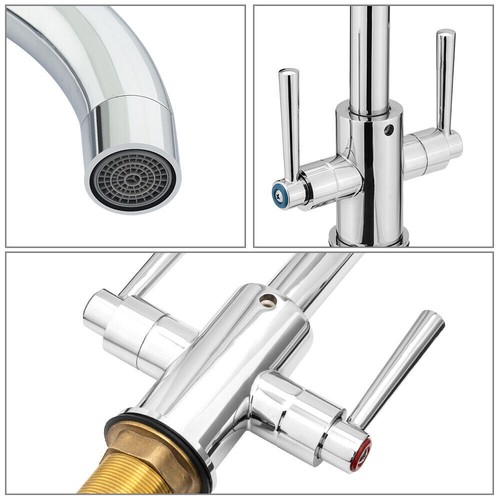 Chrome Kitchen Faucet 360° Swivel Dual Handle Hot Cold Water Sink Mixer Tap - Picture 11 of 15