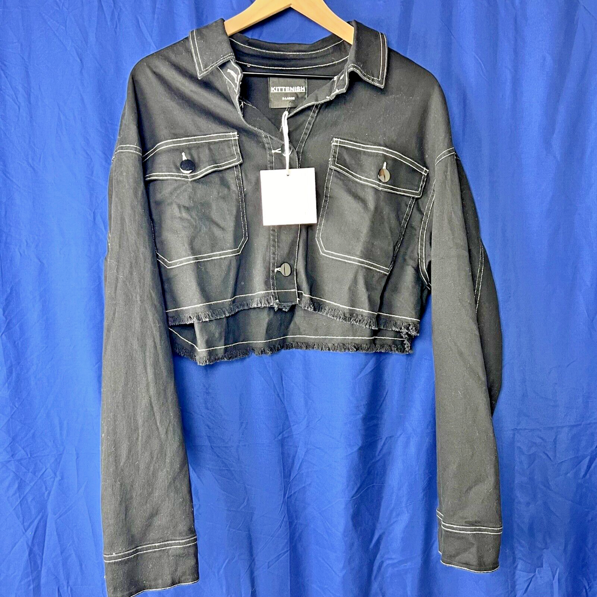 NWT Kittenish Cropped Black Denim Jacket Sz XL Womens Fringe Hem