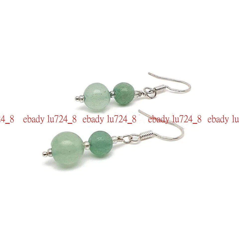 Pendientes de gancho colgantes con cuentas redondas de piedras preciosas verdes naturales de aventurina de 6 mm-8 mm Foto 4 de 4