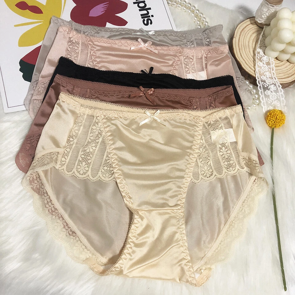 5 Pack Lot Women Satin Panties Sexy Brief Underwear Sheer Lace Vintage Lingeries - Image 3 of 4