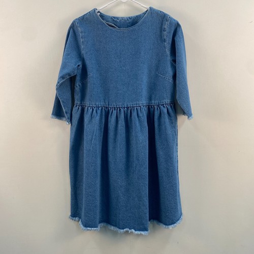 Asos Womens 6 Denim Dress Blue 3/4 Sleeve Mini Pullover Cotton Fringe Hem Woven