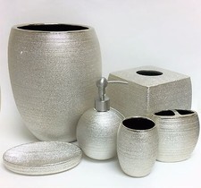 6 PC SET CARO METALLIC CHAMPAIGN SILVER SOAP DISPENSER+TRASH CAN+TUMBLER+DISH+1