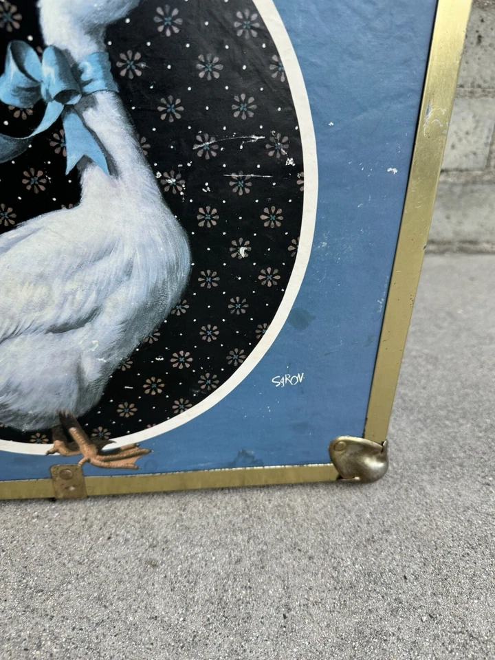 Vintage 1980s Decoupage Country Puddle Duck Book Storage Trunk Blue SARON Wood - Image 3 of 4