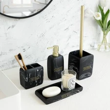 Bathroom Accessories Set Soap Dispenser Toothbrush Holder Toilet Brush Black