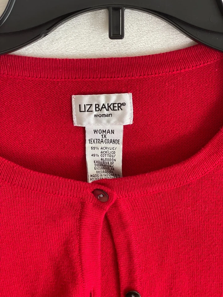 Liz Baker 1X Vacaciones Lentejuelas Adornado Rojo Cárdigan Suéter Manga Larga Botones Foto 3 de 4