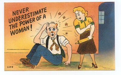 Woman Beating Man With Rolling Pin Off Color  Comic Art Humor Postcard
