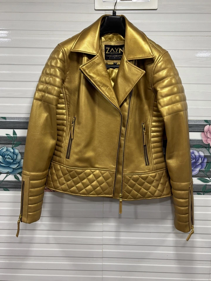Женская золотистая металлическая цветная мотоциклетная куртка из натуральной кожи стеганая байкерская куртка - Изображение 4 из 4