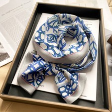 Vintage Flower Print Mulberry Silk Crepe Shawl Neckerchief Oblong Scarf Blue