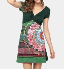 Desigual ~ Green Dress ~ Twist front bodice ~ size Medium Cotton Viscose 