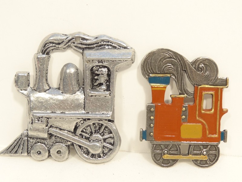 Lot of 2 Metal Train Christmas Ornaments Flat