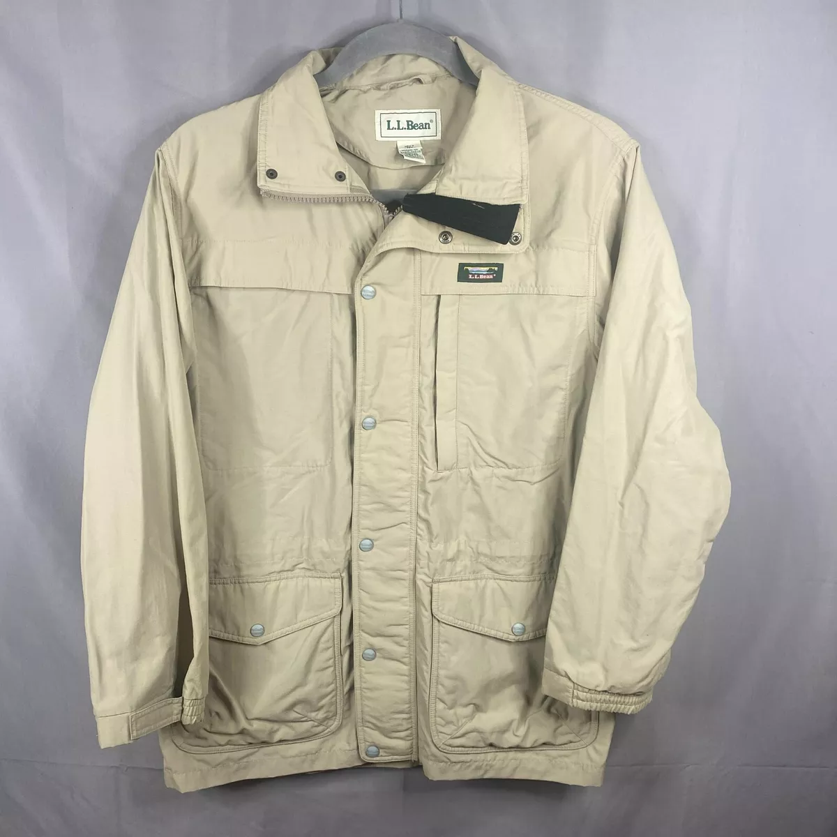 LL Bean Jacket Mens Medium Tan Khaki Nylon Coat Outdoor Camping Pockets