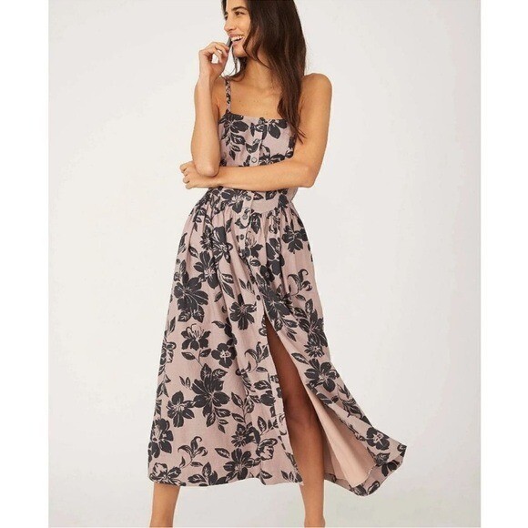 Free People The Perfect Sundress Small Maxi Linen Button Floral Cottagecore Pink-image
