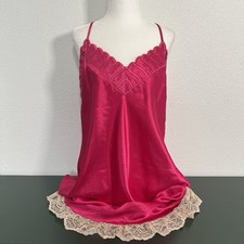 Vintage Magenta Hot Pink Satin Feel Slip Dress with Embroidered Details Sz L