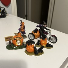 Lemax Spooky Town Halloween Pumpkin Doghouse Cats Motorcycle Witch Lot Of 5