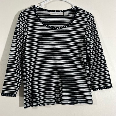 Women's Black & White Striped 3/4 Sleeve Scoop Neck Blouse Size S
