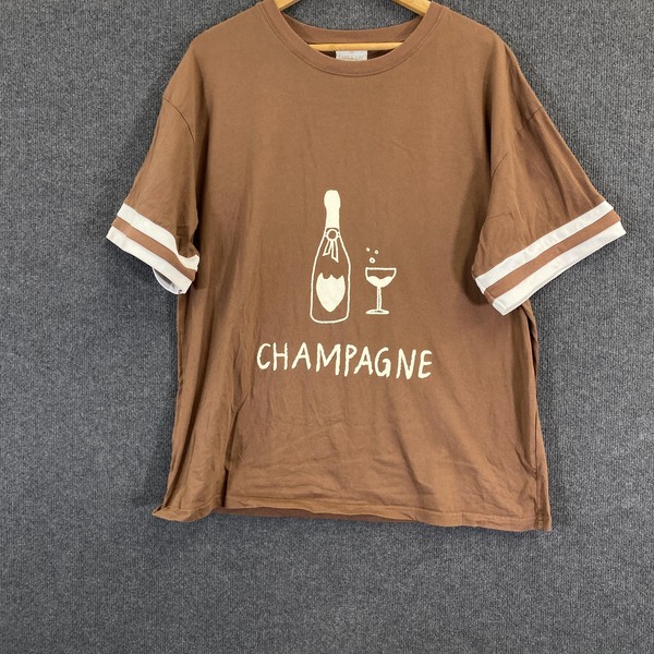 Luna Ln. Shirt Womens L Brown Champagne Graphic Stripe Sleeve Tee Summer Casual