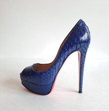 Christian Louboutin Lady Peep Heels Blue Python Snakeskin Shoes Size 35.5