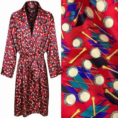 Silk Accents Men's L 100% Silk Golf Robe Belted Red Argyle Luxury Lounge Kimono