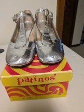 Vintage 60's 70's Patinos Silver Metallic T-Strap Mary Jane Pumps with box 9N