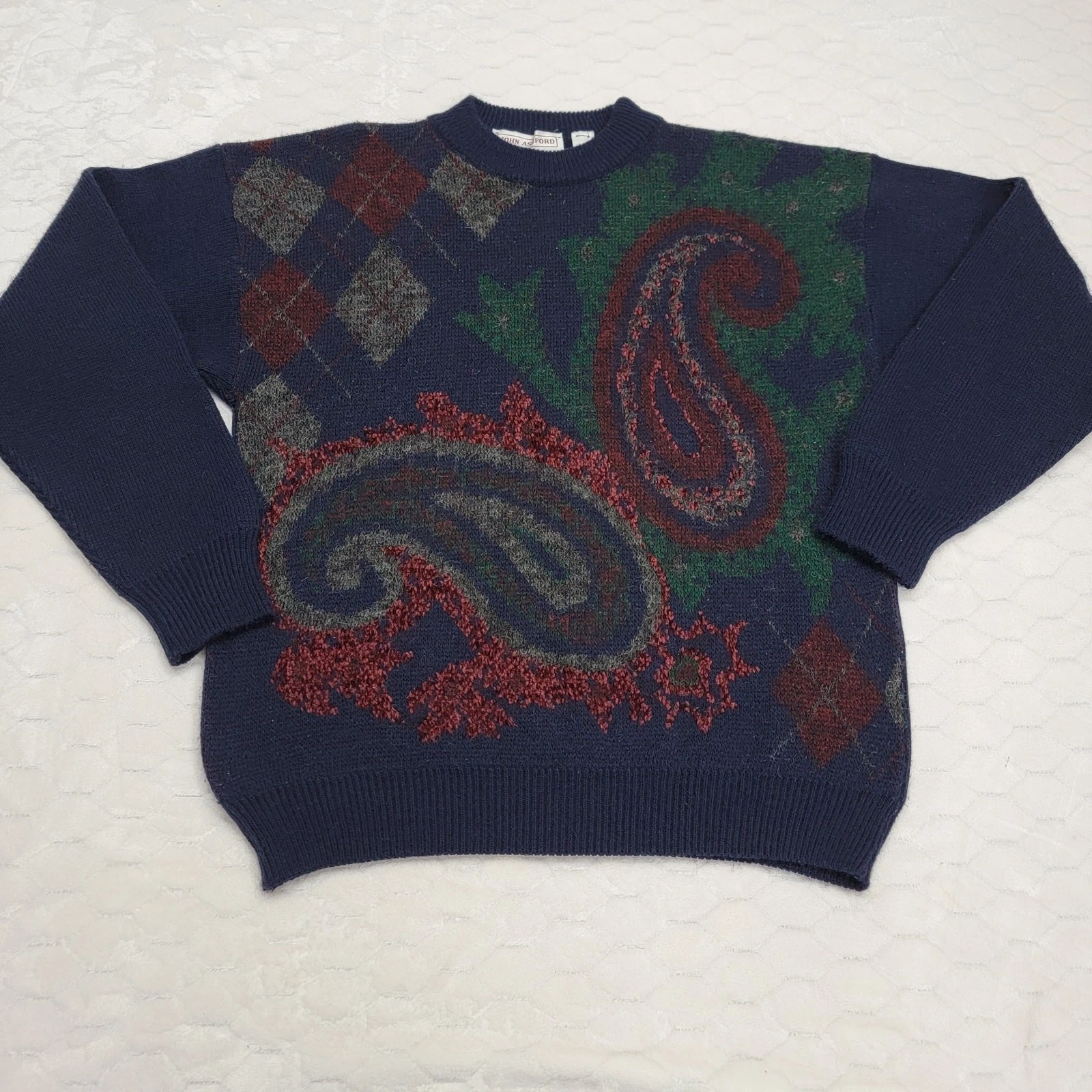 John Ashford Vintage Made in Italy Sweater Large Wool Blend Paisley Argyle 90s
