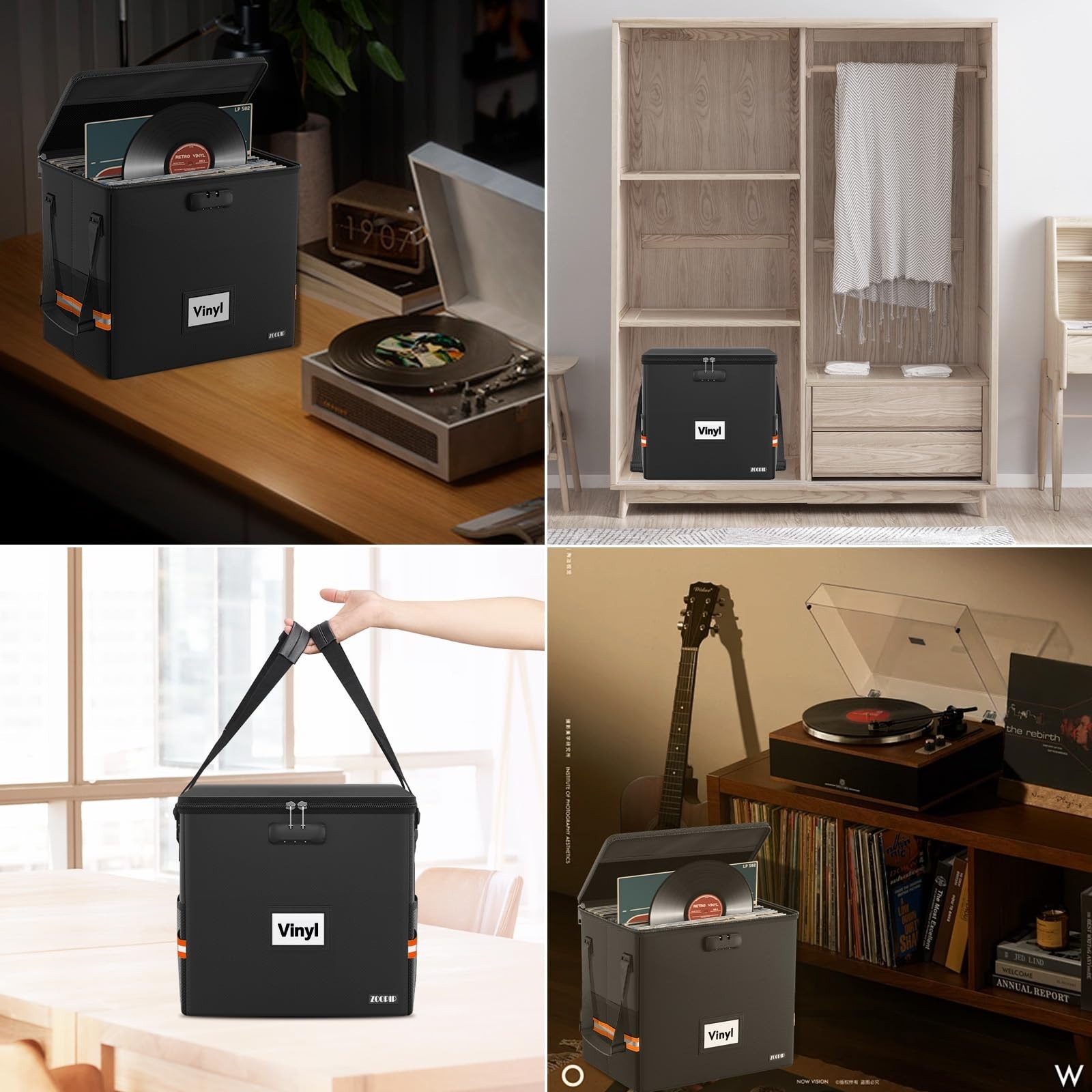 Fireproof Vinyl Record Storage Box with Lock,Water Resistant Small Record Sto...