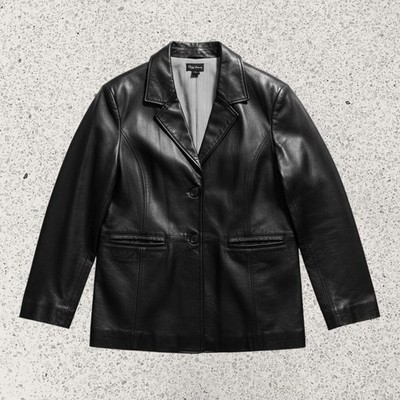 VTG Y2K Maggie Barnes Black Leather Blazer Monochrome Pinstripe Lining Sz 3X
