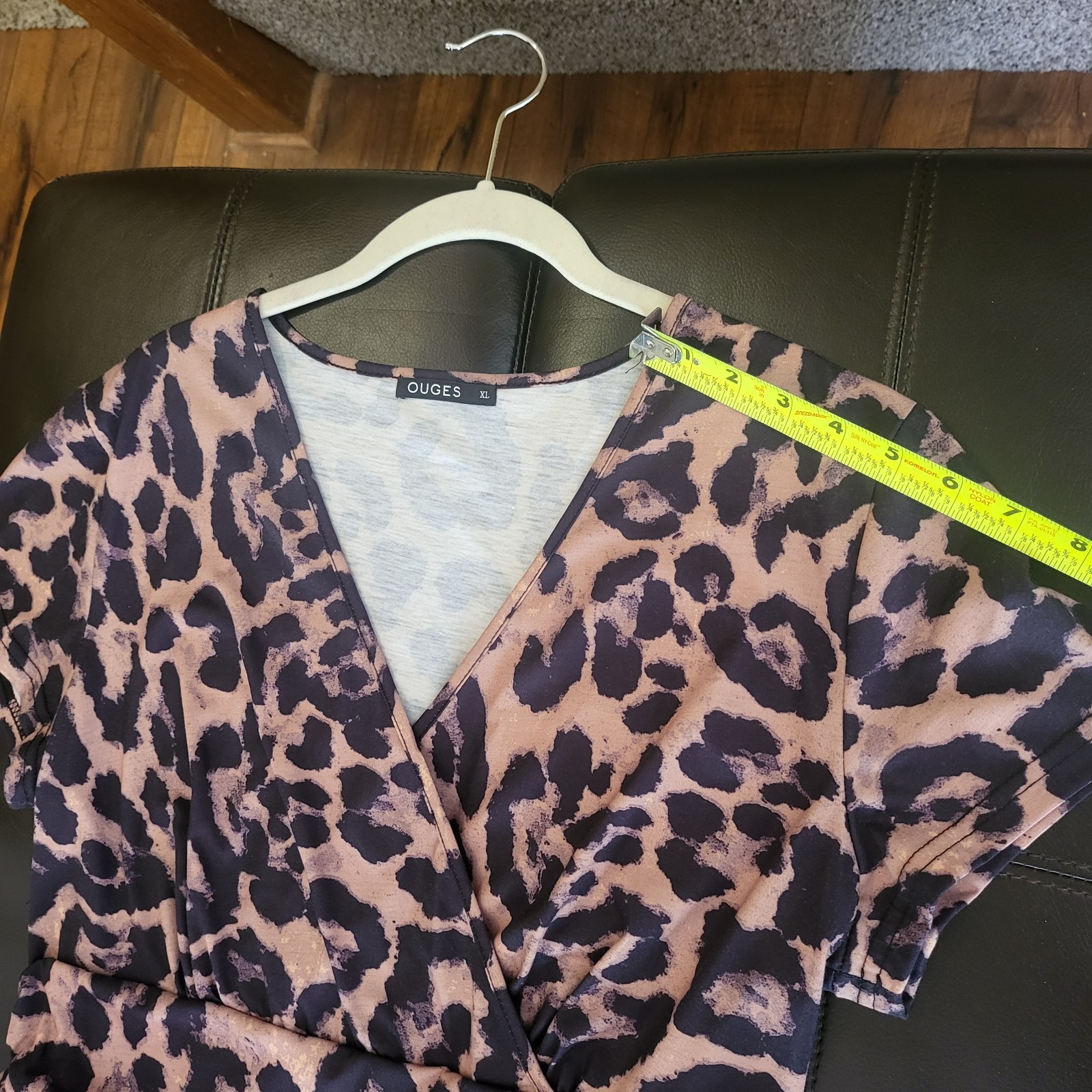 OUGES Brown Black Leopard Print V-Neck Short Slee… - image 9