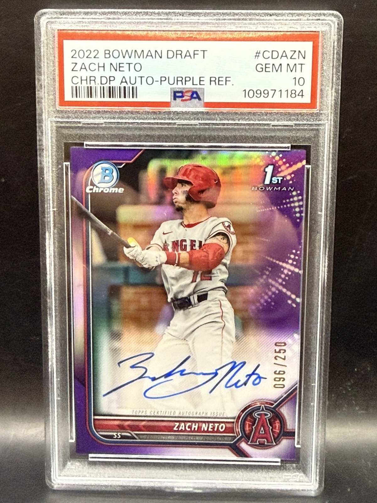 2022 Bowman Draft Chrome Zach Neto 1st Auto Purple Refractor /250 #CDA-ZN PSA 10
