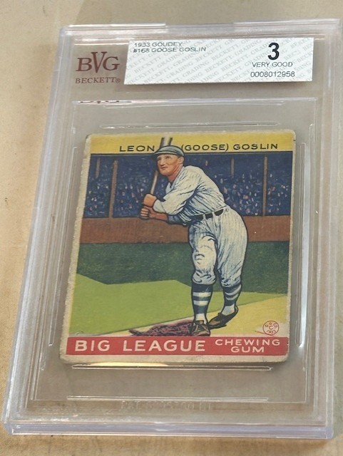 1933 GOUDEY #168 GOOSE GOSLIN BVG 3 VERY GOOD WASHINGTON SENATORS BASEBALL CARD.