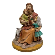 Vintage Ceramic Hand Painted Figurine Jesus Sitting W/Children Lamb Byron Molds