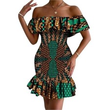 Off Shoulder African Ankara Bodycon Dress with Ruffle Detail W250299