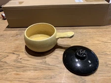 McCoy Pottery USA Yellow Individual Soup Server Bowl w/ Handle & Black Lid