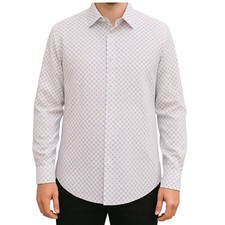 Alfani Mens Regular Fit Dress Shirt L White Blue Geometric Print Long Sleeve