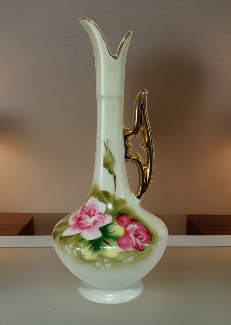 Vintage Lefton China Bud Vase Ewer Hand Painted Pink Roses Gold Handle Japan 5”