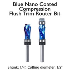 1/4" Shank Flush Trim Compression Router Bit – 1/2" Diameter, Carbide, Nano Blue