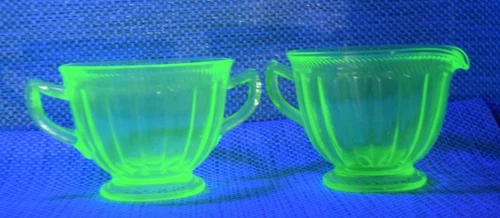 Federal Glass Sugar & Creamer Set Colonial Fluted Depression Uranium Glass