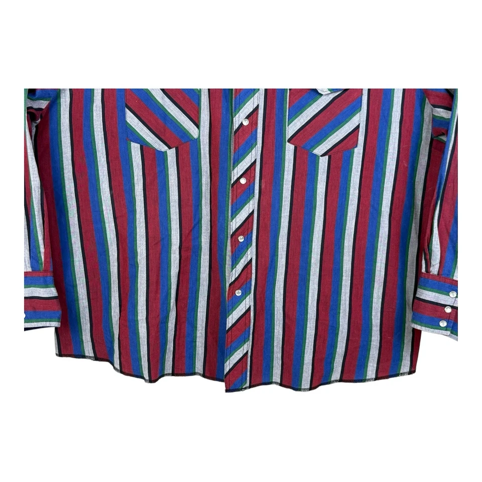 Camisa Vintage Rustler 2XL Azul Rojo Rayas Colas X Largas Perla A Presión L/S Abotonada Foto 3 de 4
