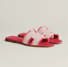 HERMES Hot Pink/White 'Framboise' Canvas Oran Sandals/Shoes Size 38/US 8