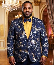 Navy Floral Tuxedo Suit Blazer Mens XXL Modern Wedding Party Dress Formal Jacket